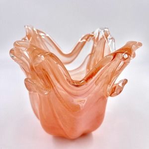 Vintage Glass Candy Bowl Murano Style Pink Swirl Ruffled Edge Vase Candle Holder
